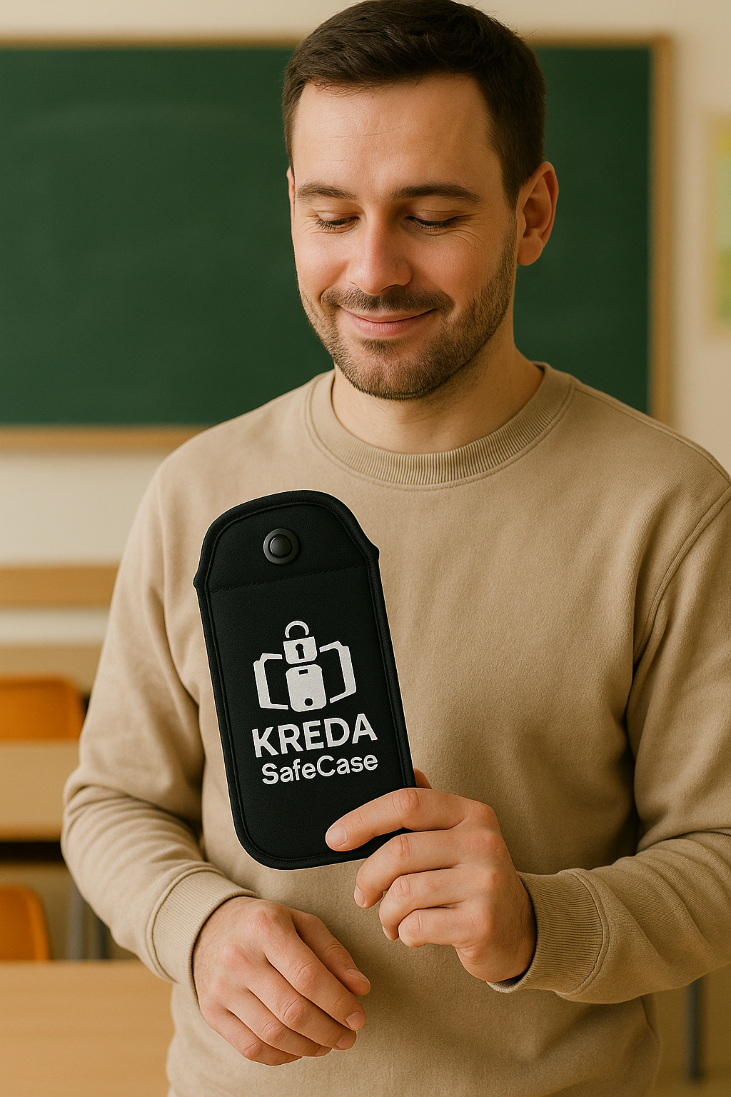 Lehrkraft im Klassenzimmer mit KREDA SafeCase