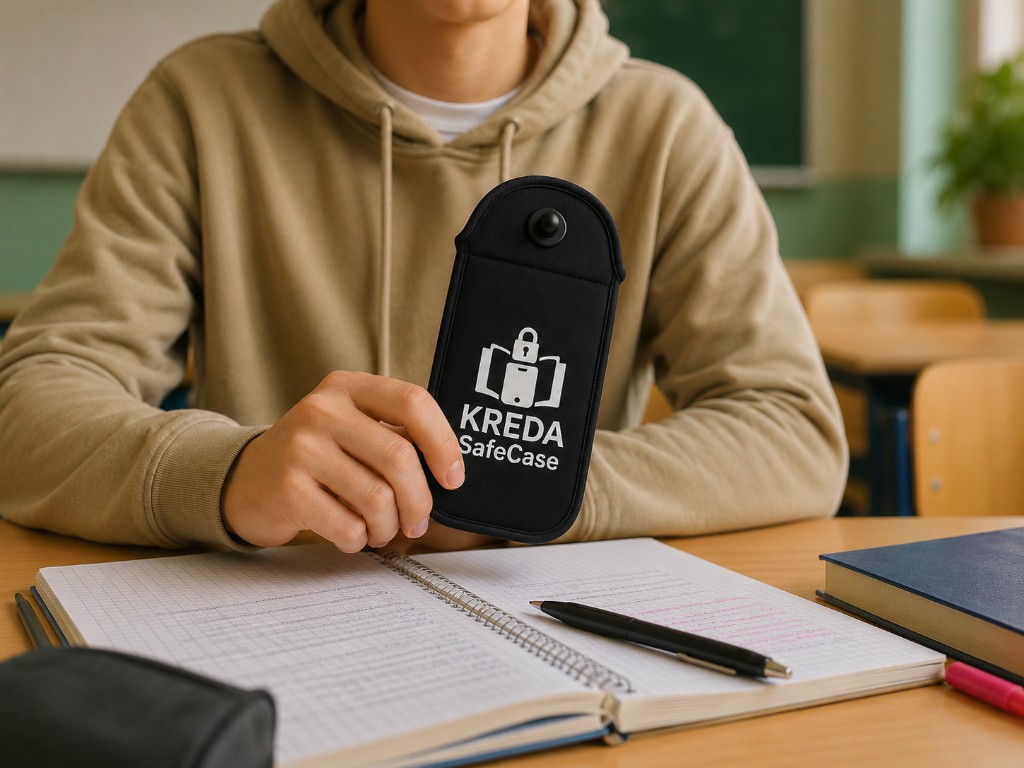 Schülerin mit KREDA SafeCase am Schreibtisch im Unterricht